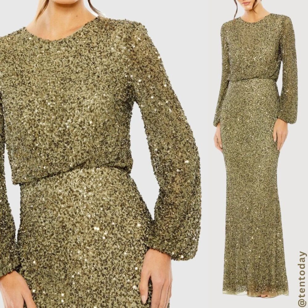 Mac Duggal Size 6 Olive Green Sequin Beaded Long Blouson Sleeve Maxi Gown Dress